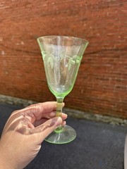 Green Depression Uranium Glass Cut Floral & Band #UNK458G Set of 4