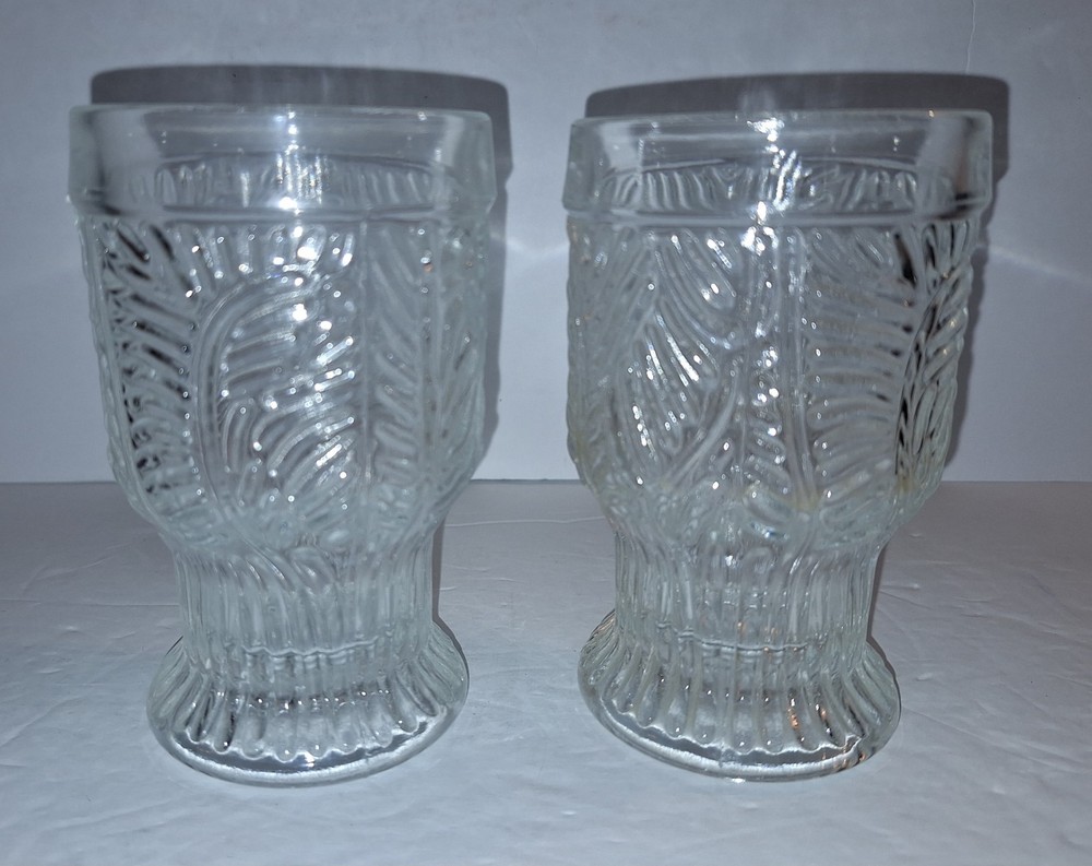 Set of Two Vintage Glass Tumblers Embossed Leaf/Feather Pattern Tapered