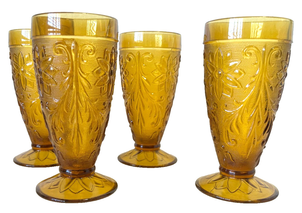 Set 4 Indiana Tiara Pressed Sandwich Amber Footed Ice Tea Glass Tumbler Parfait