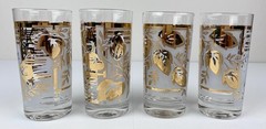 MCM Frosted Gold Frosted Leaf Design Glass Highball Tumblers Set of 4 12 oz.