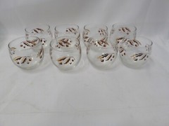 Set of 8 Vintage Roly Poly Barware Glasses Brown Gold Acorns Oak Leaves Pattern