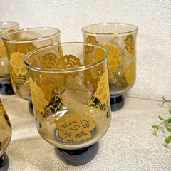 Groovy Smokey Brown Tumbler Glasses With Yellow Flowers Set 6 MCM Stackable