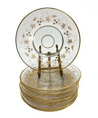 9 French Glass Intaglio Cut Gilt Small Side Plates. Attributed to St. Louis
