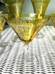 7 vintage Tiffin Arcadian Art Deco Topaz Etched Basket Design Footed Glasses