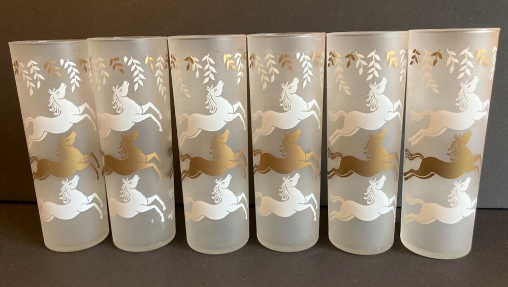Vintage Libbey Barware Drinking Glasses Cavalcade Horses Stallions Frosted Gold
