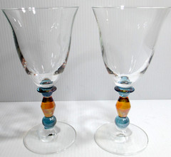 Mkiasa Crystal Wine Glasses PAIR Kennington Clear Amber Blue 7 1/4″ Tall