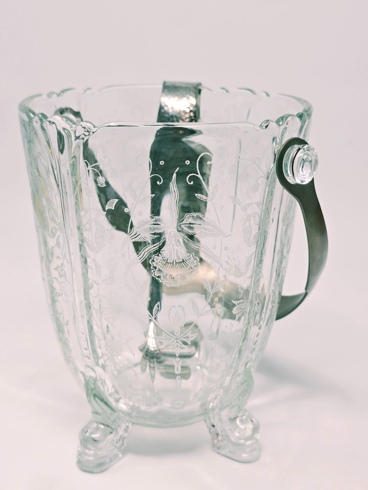 Heisey Vintage Orchid Crystal Dolphin Footed Ice Bucket w Handle & Tongs 6 3/4″