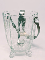 Heisey Vintage Orchid Crystal Dolphin Footed Ice Bucket w Handle & Tongs 6 3/4″