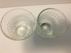 2 Vintage Frosted Glass 4 Ounce Shot Glasses Running Vine and Petal Pattern