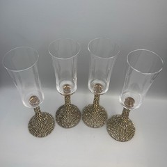 Set Of 4 Handmade Gold Rhinestone Champagne Flutes Glam Toasting Glasses 10”
