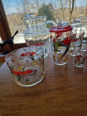 Hazel Atlas Pheasant Pitcher, 6 Glasses, 2 Shot Glasses, Shaker+lid & Ice Bucket