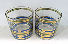 VTG 60’s Culver MCM Empress Barware Rocks Glasses Blue 22K Gold Trim (lot of 2)