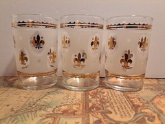 Vtg Set Of 6 Hazel Atlas Juice Glasses Frosted Finish Gold Fleur-De-Lis