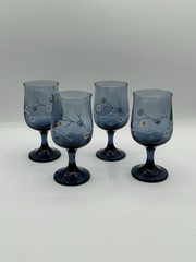 Vtg Hand Blown Smokey Blue Glass Dogwood Flower Water Wine Glass – Set of 4