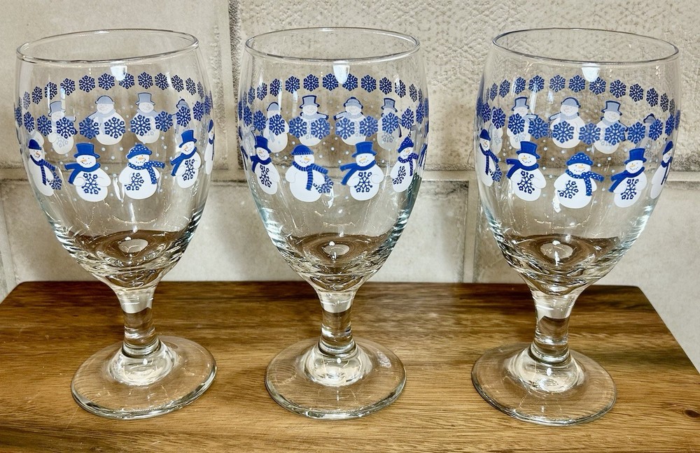 Vintage Libbey Snowman Snowflake 14oz Goblet Set of 3