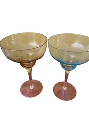 Vintage Multicolor Atomic Margarita Glasses Etched MCM 7” Set of 4 Bar Ware