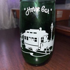 VINTAGE ANCHOR HOCKING Forest Green HORSE CAR Advertising DRINKING GLASS