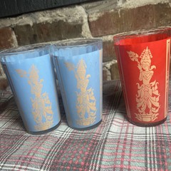 2 Vintage Blue Thai Lakorn Siam Goddess Federal Culver and one Red. Juice glass