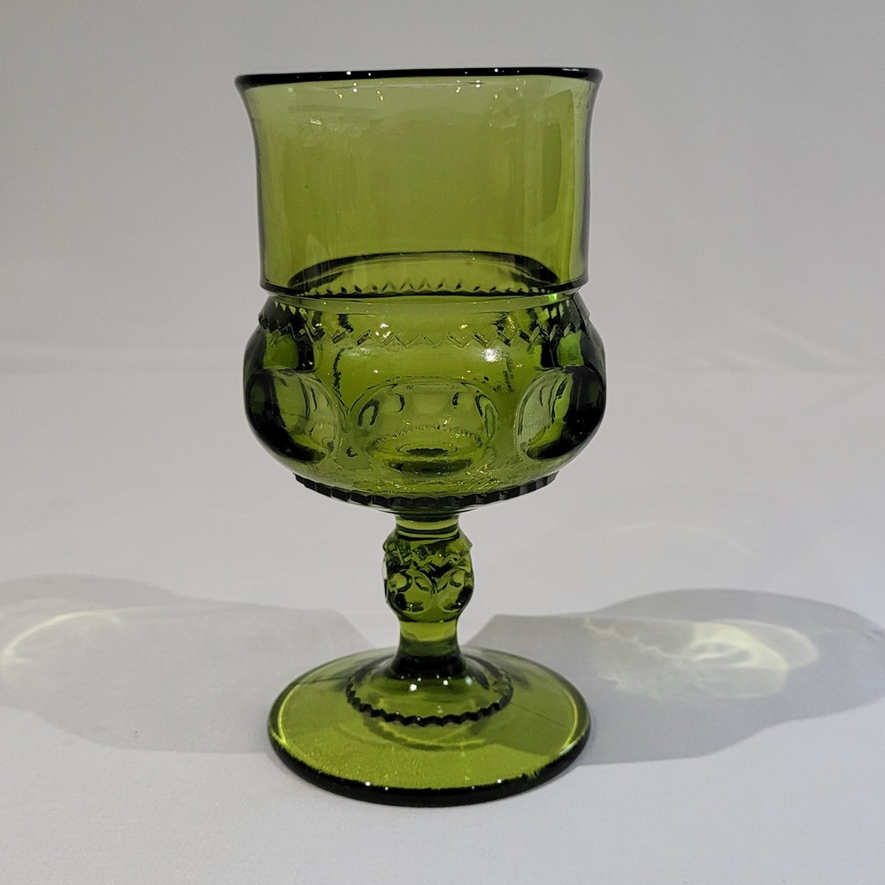 Vintage MCM Indiana Glass Green Avocado Kings Crown Thumbprint Goblet Glass 8oz
