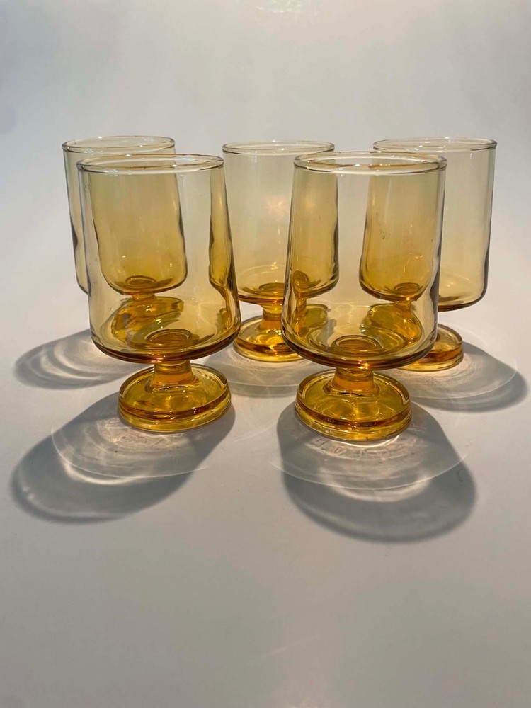 Set of 5 Anchor Hocking Footed Honey Amber 4 Inch Glass Goblets MCM