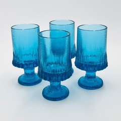Vintage set of 4 Electric Blue MCM LE Sculptural Footed Glass Goblets