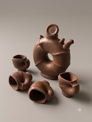 Vintage Chinese Pottery Wine Set Sculptural Donut Decanter & 4 Cups Brown Clay