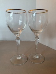 Two (2) Lenox Monroe Gold Rimmed Crystal Wine Water Glasses 7 5/8” Tall 6 oz.