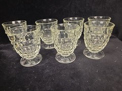7 Indiana Clear Colony Glass Whitehall Cubist Footed Juice 4.5″H