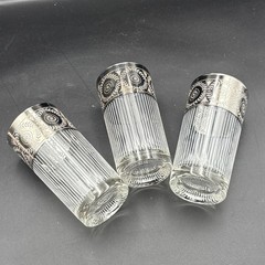 Vintage MCM Culver Set Of 3 Silver Rim Highball Glasses Encrusted Striped Design