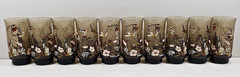 10) Yvette Perrin Dogwood Tumblers Set Vintage Smoke Brown Bird Floral Retro Lot