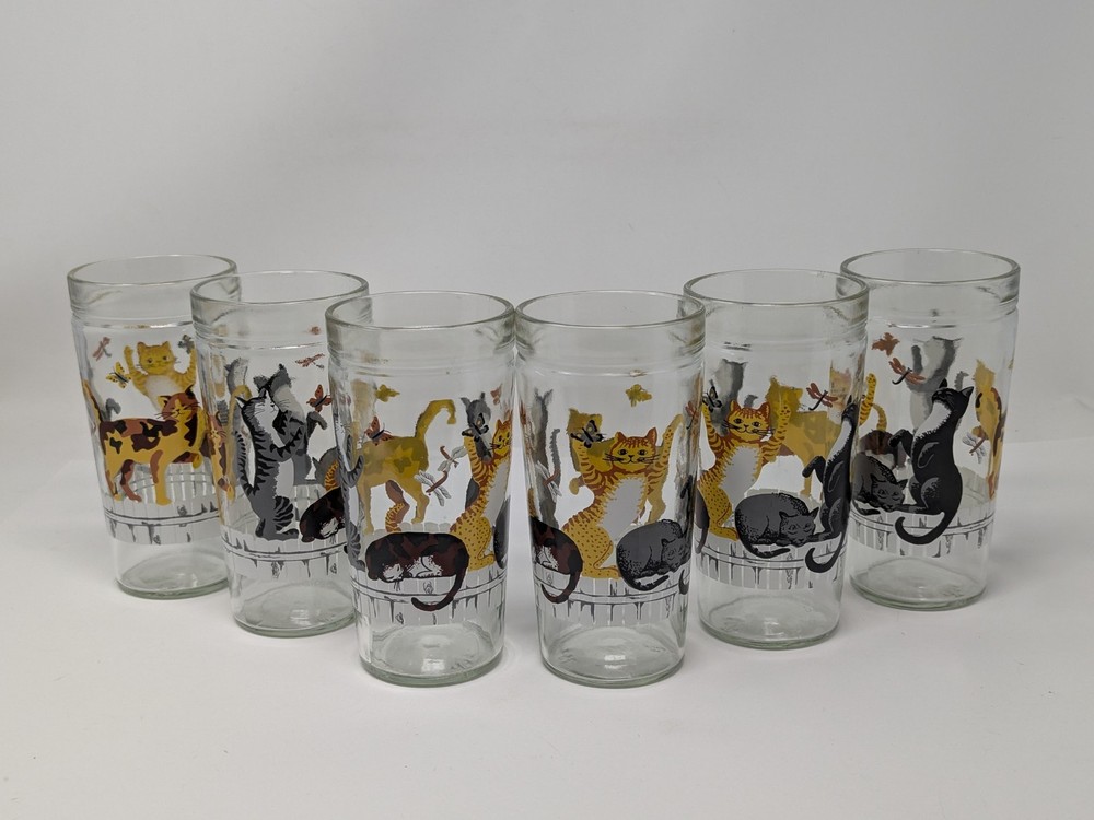 Anchor Hocking Butterflies Cats on Fence 6″ Glass Tumblers, Set Of 6, Vintage