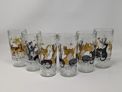 Anchor Hocking Butterflies Cats on Fence 6″ Glass Tumblers, Set Of 6, Vintage