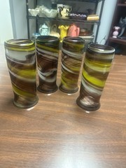 Vintage Hand Blown Swirl Art Glass Tumblers Set of 4 Brown Green 6.5” Retro