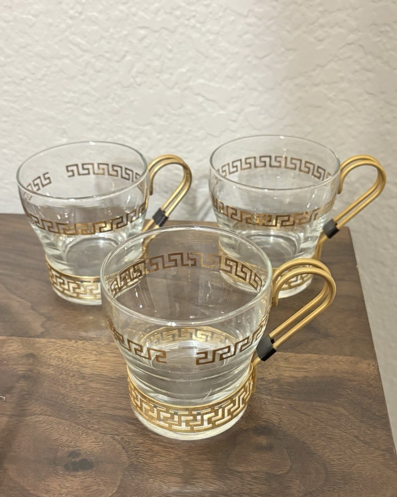 3 Vintage Libbey Gold Greek Key Continental 8 Oz Coffee Mugs Grandmacore VTG