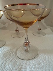 Vintage MCM Jozef Stanik Zlata Zuzana Amber Champagne Coupes Gold Ball Set of 4