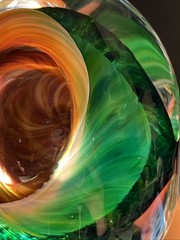 Vtg Hand Blown Art Glass Swirl Paperweight Emerald Green Amber Brown Cavern Orb