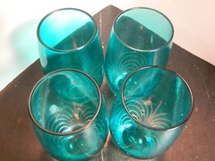 Vintage Set of (4) Aqua Cut To Clear Glass Tumblers 6″ x 2.75″ Excellent Cond
