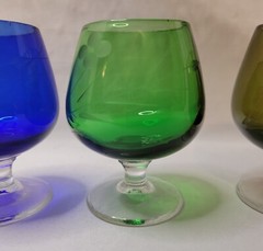 Set of 5 Cordial Shot Glasses Etched Glass Cherry Blossoms Mid Century Barware