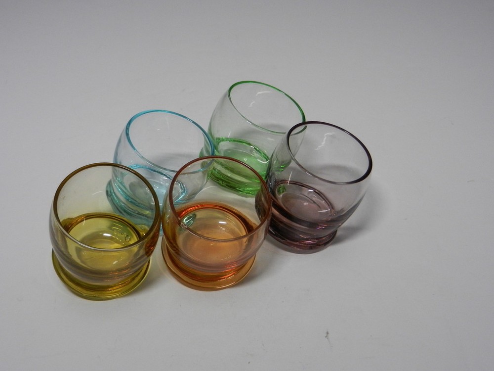 Tilting Cordials Hemispherical Base 5 Aqua Amber Amethyst Apricot Green 2 1/4″ T