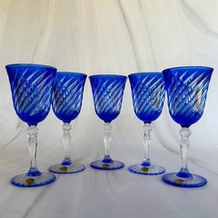 Set of 5 Cristal D’Arques Valse Cobalt Blue Cut to Clear Crystal Wine Goblets