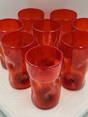 Blenko Crackle Dimpled Tangerine 5 1/2″ T Tumblers Glasses Lot Of 8