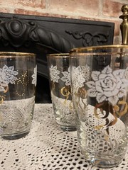 Vintage Libbey White Rose Gold Bow Gold Rim Glasses Set Of 6 5” Tall