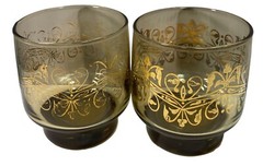 Set Of 2 Vintage Libbey Brown Drinking Glasses Tumblers with Gold Accent Design