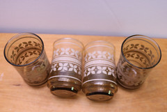 Libbey Brown Glass Beige Flowers & Band 4 Juice Glassess 3 5/8 » 8 oz