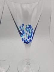 4 – Cobalt Blue Confetti Splash Hand Blown Art Glass Champagne Wine Glasses READ