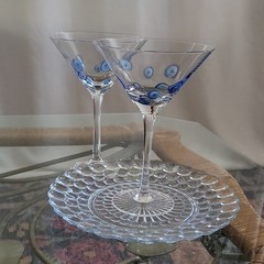 Vintage Milleflori Italy Designer Stephen Kramer Blue Swirl Dot Martini Glasses