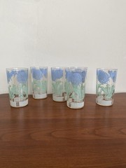 Set Of 6 Juice Glasses Blue Green Butterfly And Clover Flower Vintage 4 3/4” EUC