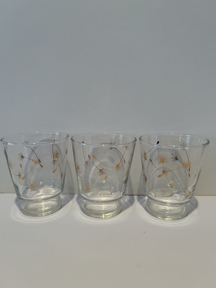 Vintage Libbey Gold Dandelion Seeds Drinking Small Juice Shot Glasses Set Of 3