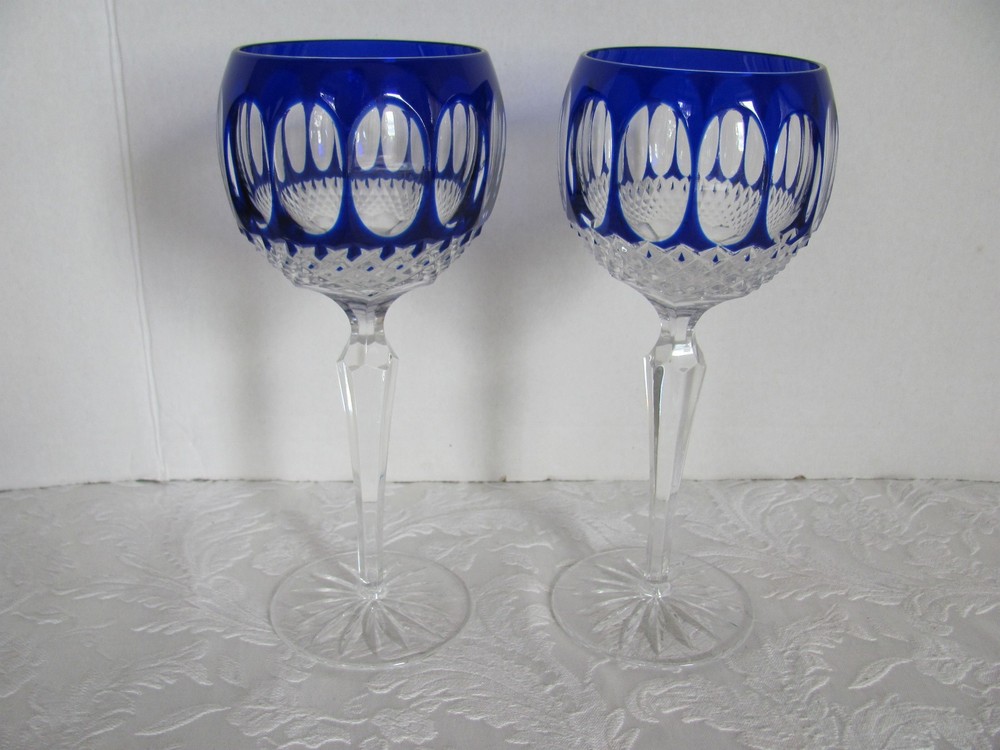 Godinger Edinburgh Cobalt Blue Cut To Clear Wine Hock Glass-Set of 2