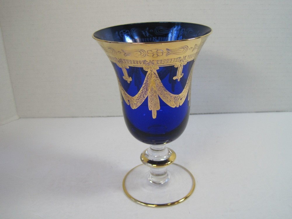 VTG Horchow 24 KtGold Cobalt Blue Crystal Wine Water Glass Goblet 6.5″ ITALY